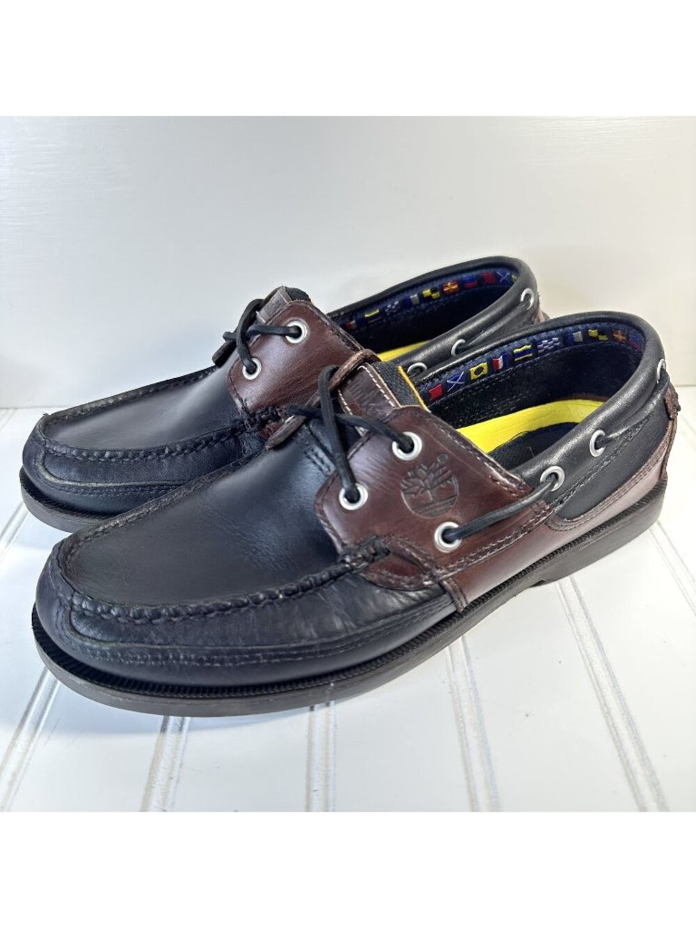 Timberland Two-Tone Saddle Boat Shoes Men’s 7.5 M Black Brown Leather 70530